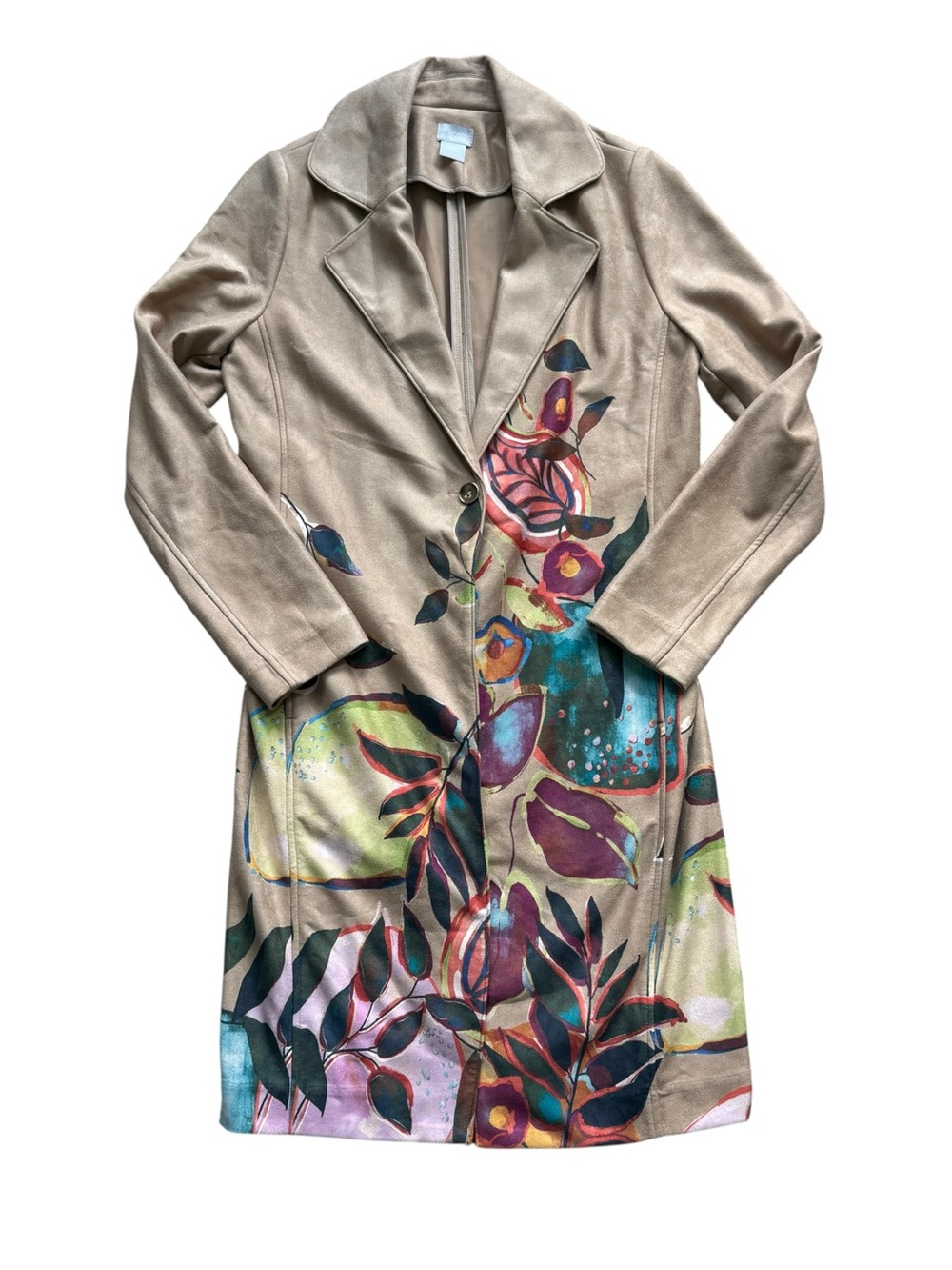 Chico’s 0 S Faux Suede Long Duster Coat Watercolor Floral Artsy Statement Boho